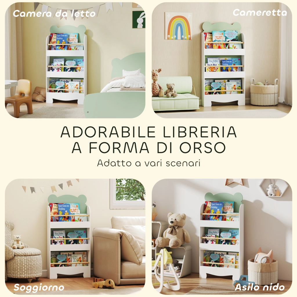 Libreria per Bambini 55x15x110 cm a Forma di Orsetto a 3 Ripiani con Barriere Frontali in MDF e Legno Verde