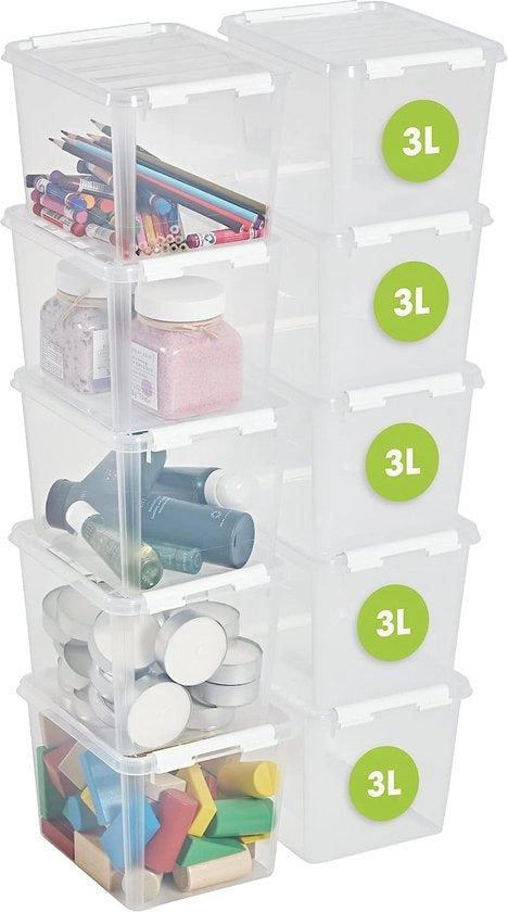 Scatola di Stoccaggio con Coperchio Piccola 3 L - 10 Bacinelle in Plastica Transparenti e Stivabili con Chiusura con Clip Bianche - Bacinelle in Plastica BPA Libere e Sicure per Alimenti - 21 x 17 x 11 cm - 10 Anni di Garanzia