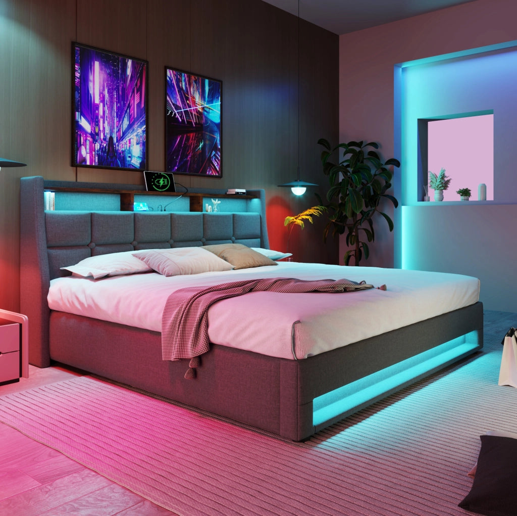 Letto matrimoniale imbottito 140x200 cm con LED; USB e contenitore; grigio in lino