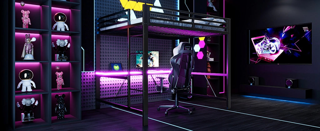 DESMIU Lit mezzanine 160 × 200 cm 2 posti con scrivania, LED e senza materasso, in metallo e MDF, nero