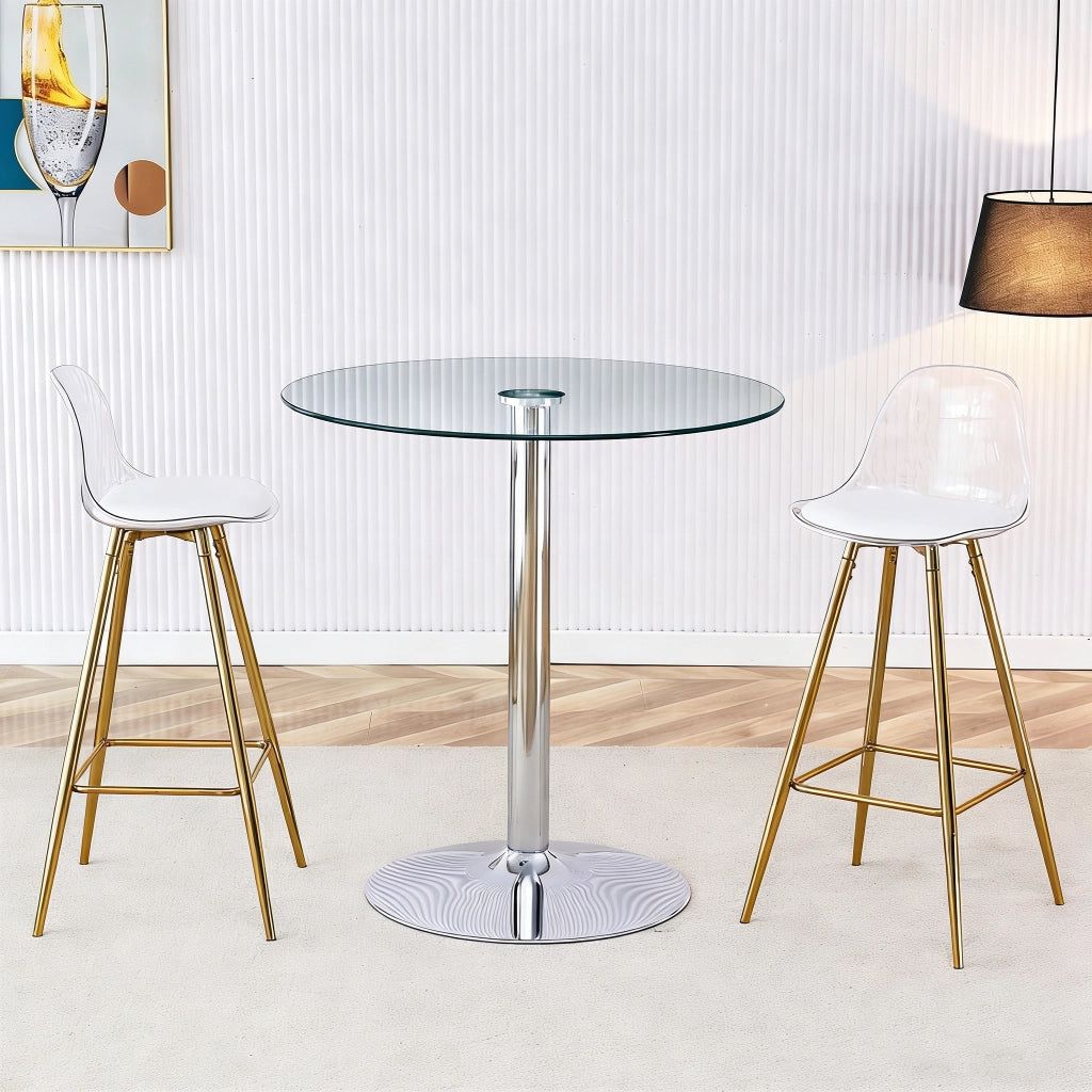 Tavolo da pranzo rotondo in vetro con 2 sgabelli da bar trasparenti e base in metallo per cucina e bar diametro 89 cm