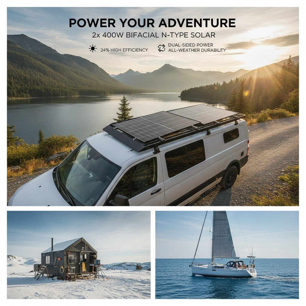 Bifacial Solar Panel, 2 Pieces, 400W, 16BB N-type Monocrystalline PV Module, 24% Efficiency, IP65 Waterproof Solar Panel With MC4 Output & Aluminum Frame For Car, Boat, RV, Off-grid