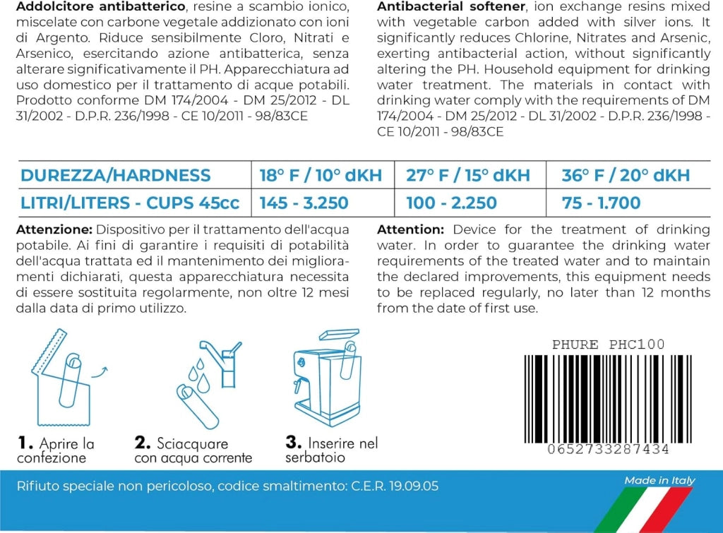 PHURE Addolcitore Acqua Antibatterico Filtro Anticalcare Universale per tutte le Macchine da Caffè e Bollitori, indicato per Nespresso