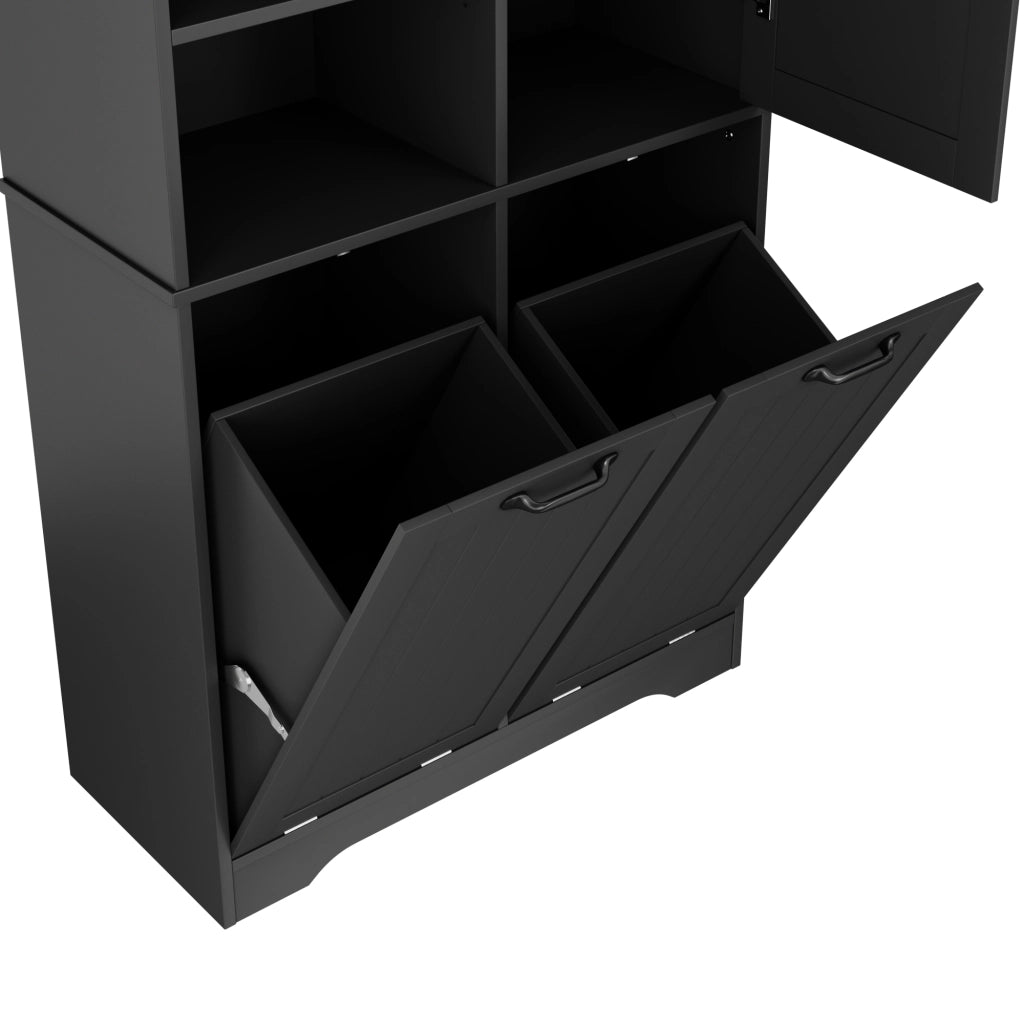 Armadietto da bagno con 1 anta 2 cesti portabiancheria e ripiani regolabili in MDF nero 78 × 35 × 172,7 cm