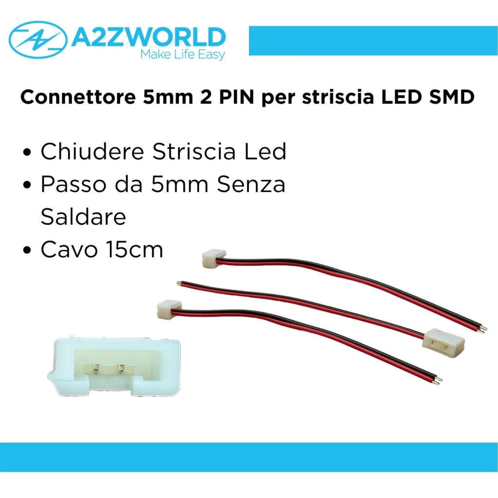 3 Pezzi Connettore 5mm 2 PIN, Per Chiudere Striscia Led Smd con Passo da 5mm Senza Saldare, Cavo 15cm