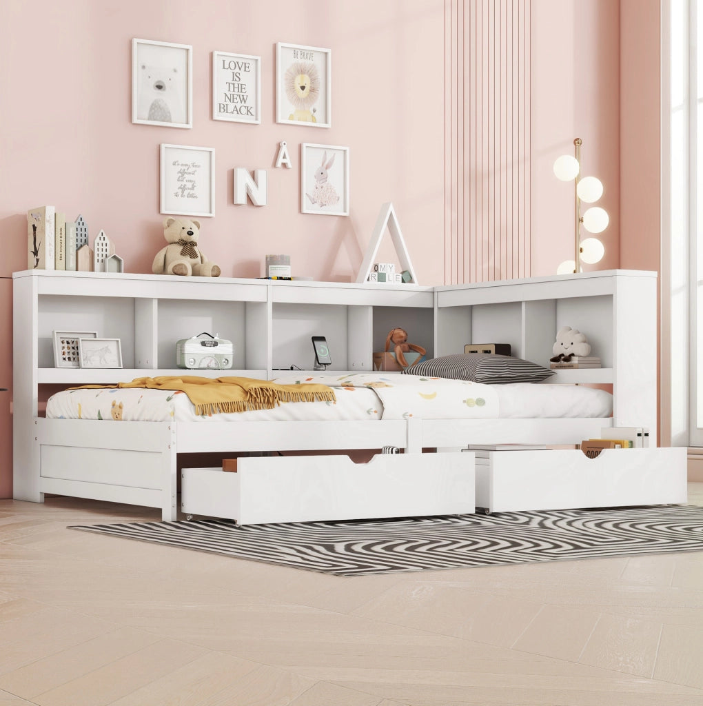 Divano letto 90x200 cm con 2 cassetti e prese USB; truciolare e MDF; bianco (Senza materasso)