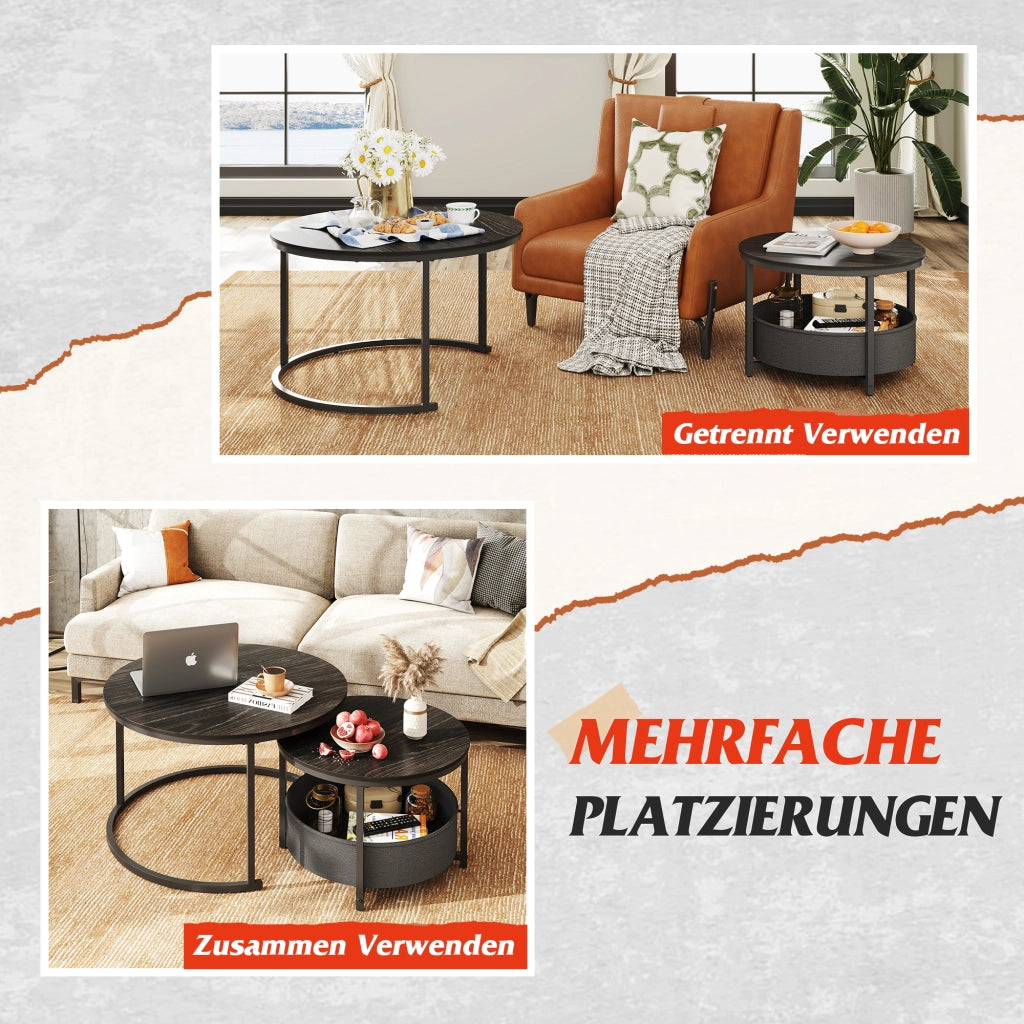 Tavolino da salotto rotondo 2 pezzi ¨C zephmum ¨C nero effetto legno con cesto