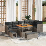 Set di divani da giardino  da 9 pezzi con cuscini grigi in rattan polimero e acacia