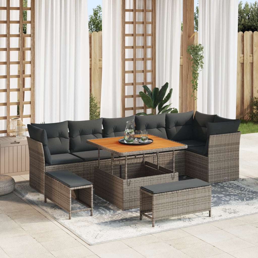 Set di divani da giardino  da 9 pezzi con cuscini grigi in rattan polimero e acacia