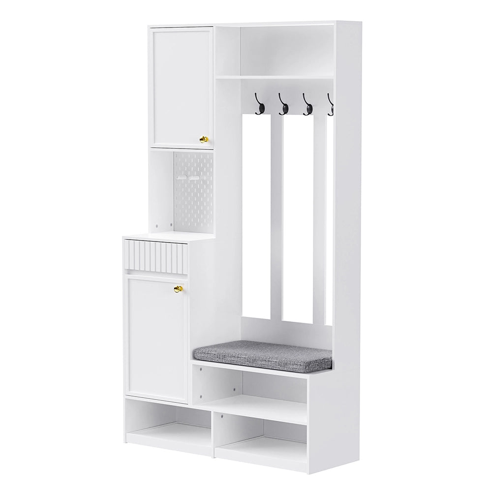 Completo guardaroba ingresso con panca - Xylo - 100??180??35 cm - Bianco - 4 ganci, porte e cassetti