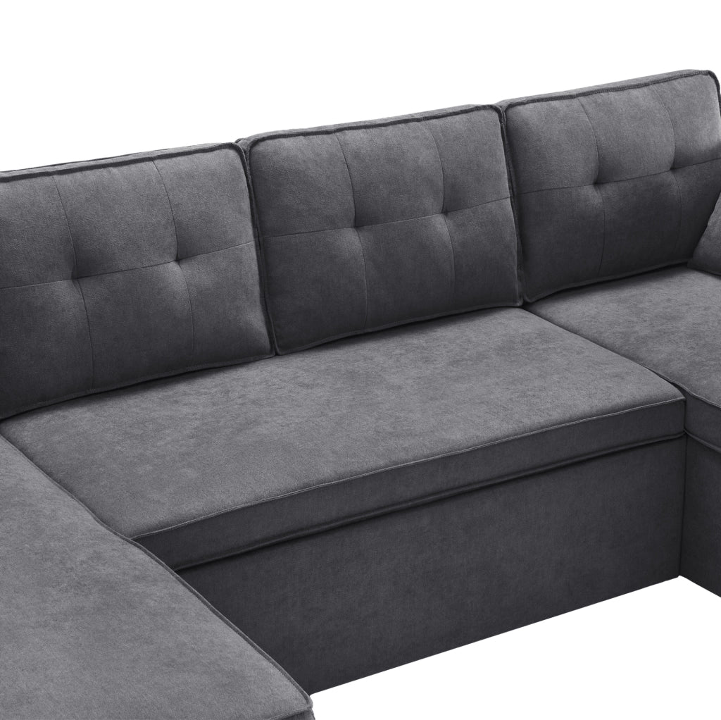 Divano letto a U trasformabile grigio con contenitori, portabevande e cuscini inclusi per riposare