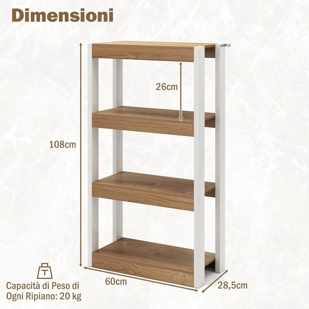 Libreria Aperta a 4 Ripiani, Scaffale Salvaspazio in Legno Anti Ribaltamento, Scaffale Portaoggetti Espositivo per Camera da Letto, Soggiorno, Cucina e Ingresso (Naturale,4 Livelli)
