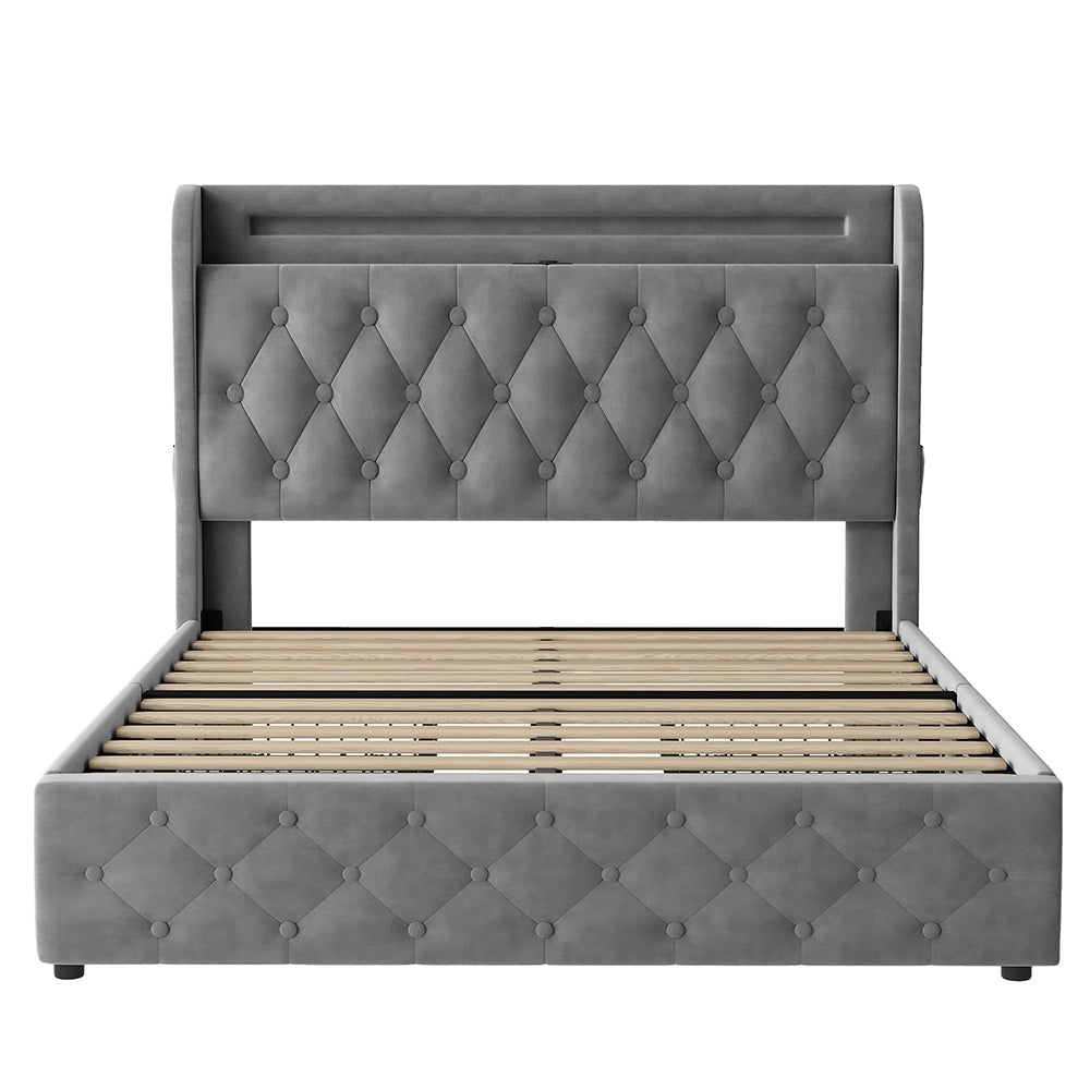 Letto imbottito 140x190 - Xylo - LED, USB, testiera con scaffali, 4 cassetti, velluto