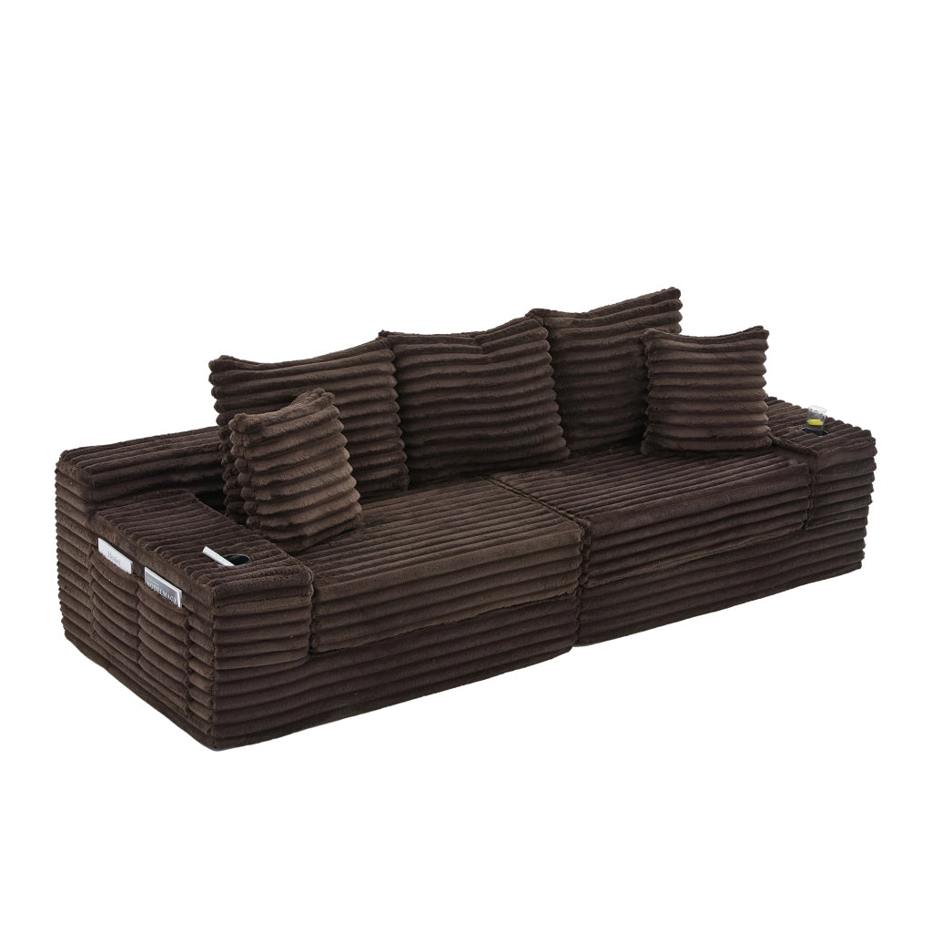 Divano Letto in Velluto a Coste con Schienale Alto e Cuscini ¨C MINIMAL ¨C Marrone, Tasche Laterali