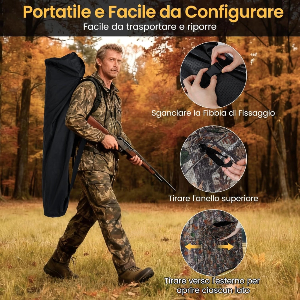 Tenda da Caccia Portatile per 4 Persone, Capanno Mimetico a Visione a 360° con Rete Trasparente e Borsa da Trasporto, Tenda Pop-up Camouflage per Caccia di Cervi e Tacchini, 147 x 147 x 170 cm