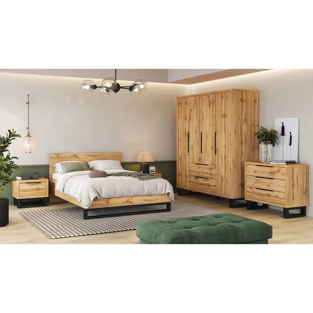 Camera completa industriale MILOS: Armadio 4 porte, letto 140x200, comò, comodini, rovere grezzo/nero