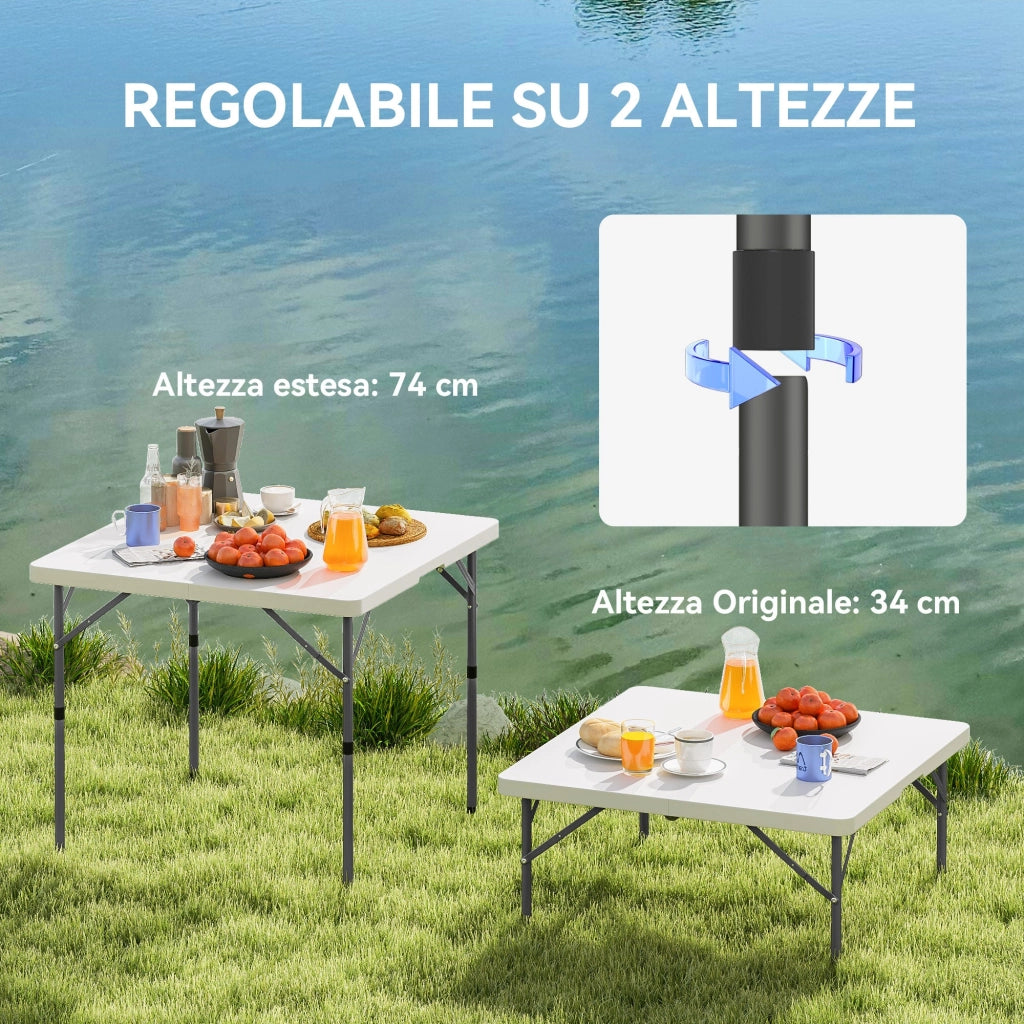 Tavolo da Campeggio 86x86x74 cm Pieghevole con 2 Altezze Regolabili in HDPE e Metallo Bianco