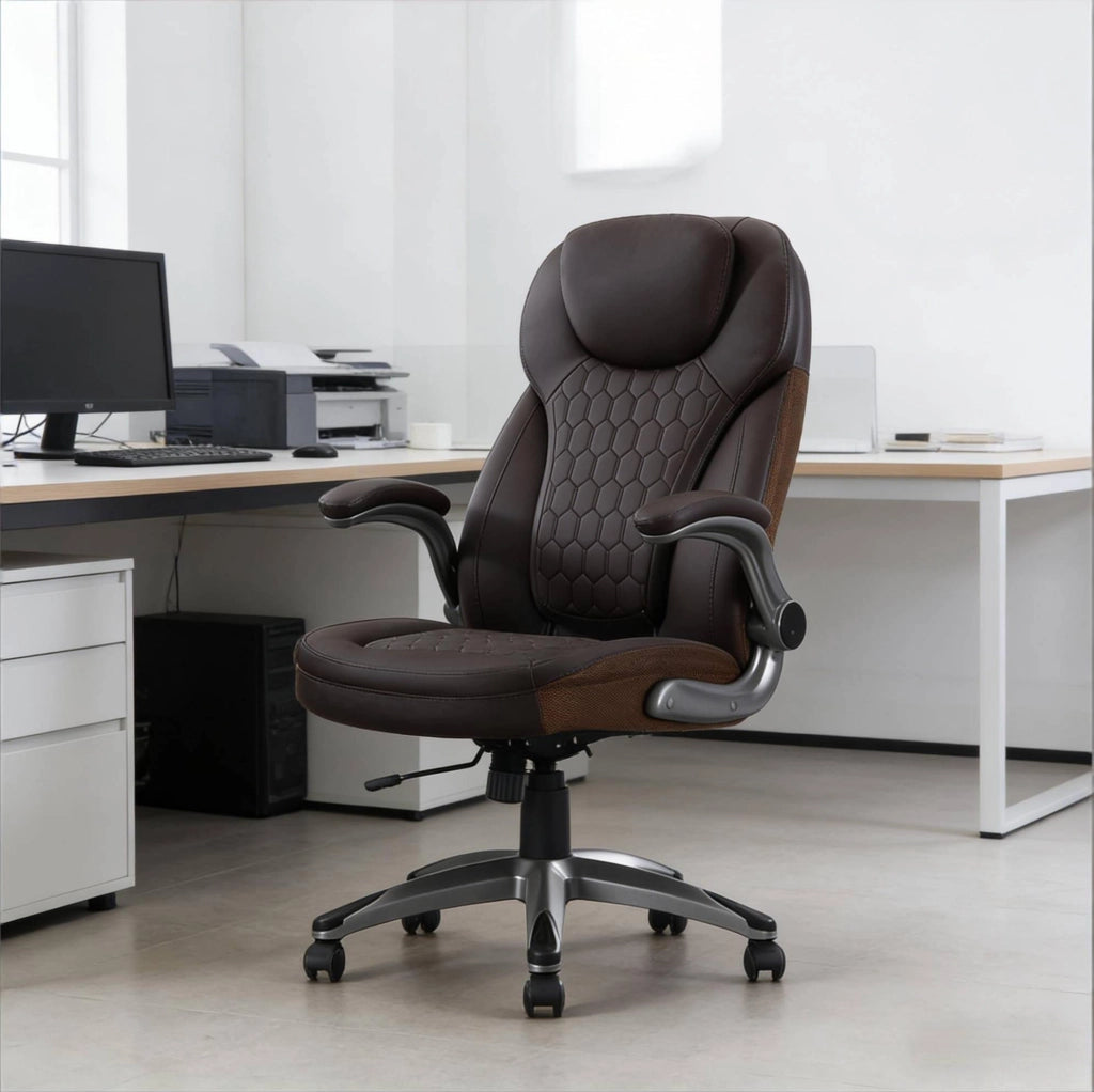 Sedia da ufficio ergonomica marrone in PU e rete, 150 kg
