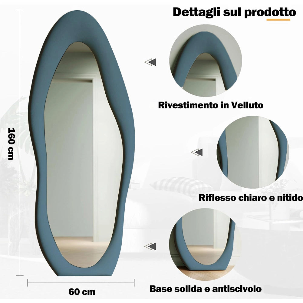 Specchio Grande Ondulato 60x160 cm da Parete con Cornice in Velluto Moderno Blu