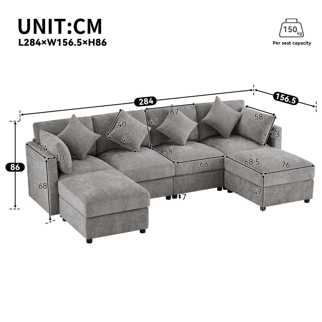 Divano modulare 4 posti con 2 pouf e braccioli regolabili in Chenille Grigio 284 × 156.5 × 86 cm