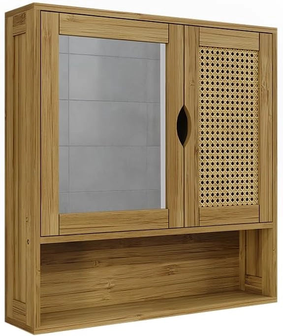 Mobile a specchio per il bagno Liora, Bambù, 56 x 58 cm con specchio, per la conservazione di articoli da bagno e asciugamani