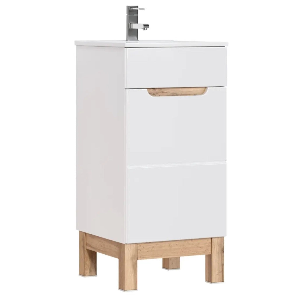 Mobile sottolavabo ERMANO – Rovere chiaro e bianco lucido – 40x84 cm – 1 porta – Da appoggiare