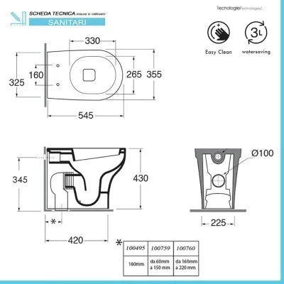 Sanitari filo muro scarico traslato rimless Azzurra serie Pratica