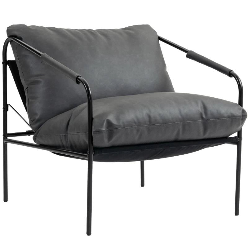 POLTRONA DA SALOTTO IN PELLE PU E TELAIO IN METALLO CON CUSCINI SPESSI, 74.5X75X77 CM, GRIGIO CARBONE