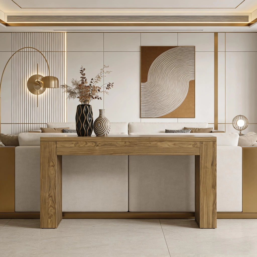 Consolle in MDF marrone stile farmhouse con ampio piano e dettagli a lamelle per ingresso e soggiorno 150 cm