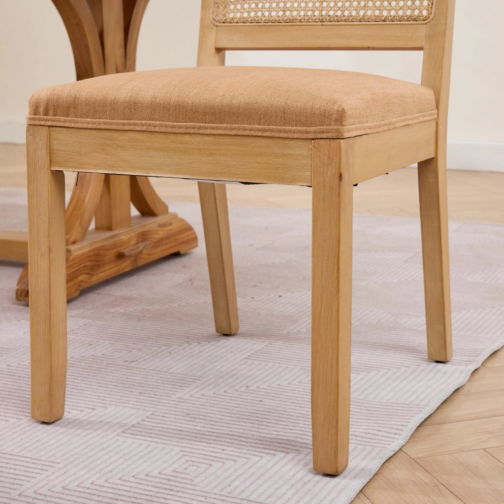 Set di 2 sedie da pranzo, schienale in vimini, stile rustico, struttura in legno, seduta imbottita, color legno naturale e marrone chiaro