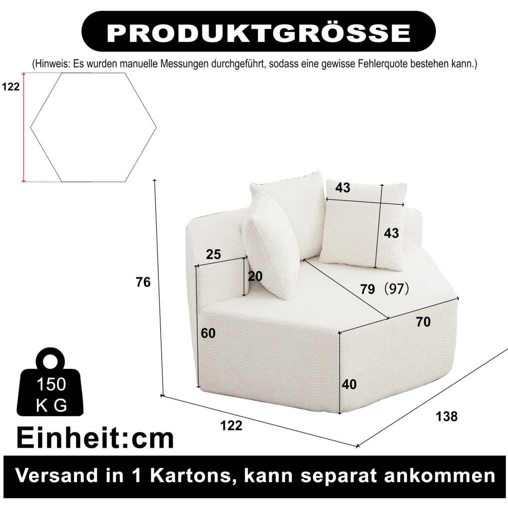 Poltrona lounge singola esagonale modulare in chenille beige con 3 cuscini