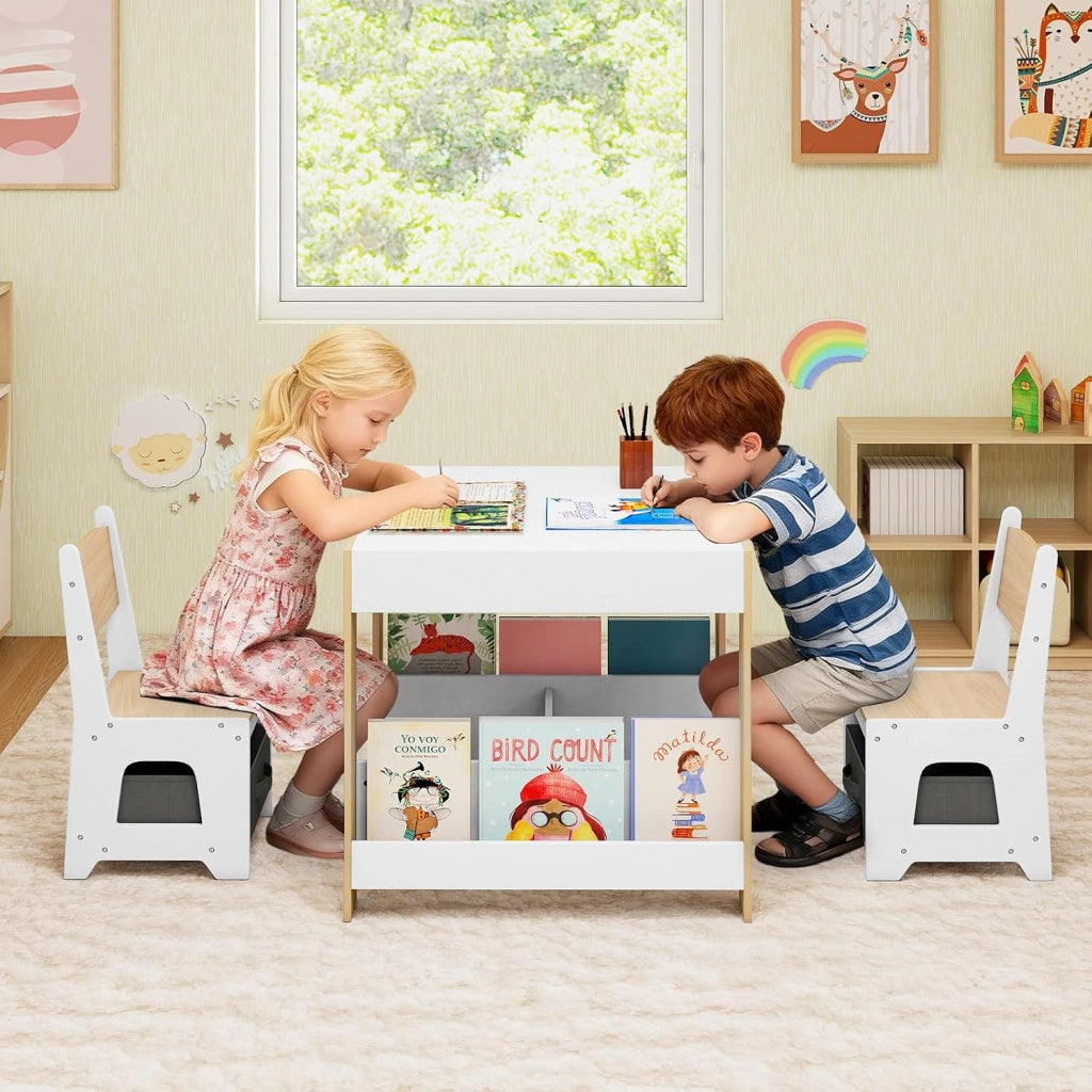 4 in 1 Set Tavolo e Sedie per Bambini 3+ Anni, Tavolo e Sedie con Piano Reversibile, Scaffali e Cassetti, Ideale per Disegno, Lettura e Studio (Naturale, Stile 3)