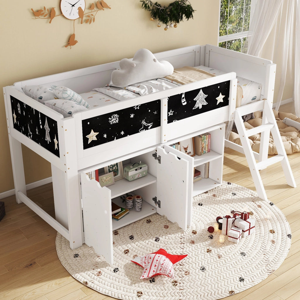 Hochbett bianco con armadi a doppia anta e lavagna integrata in abete MDF compensato 90x200 cm