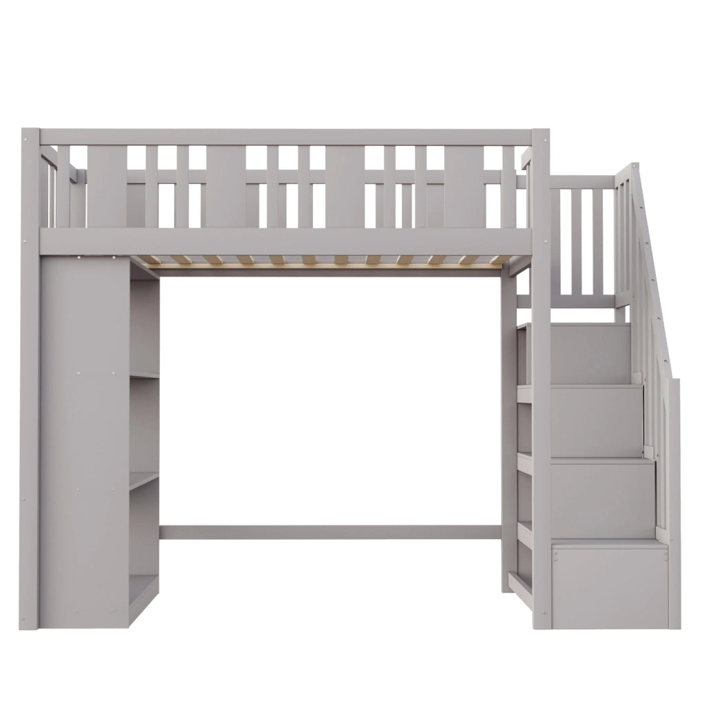 Letto a soppalco 90x200 cm con scala contenitore e 3 vani portaoggetti in legno grigio