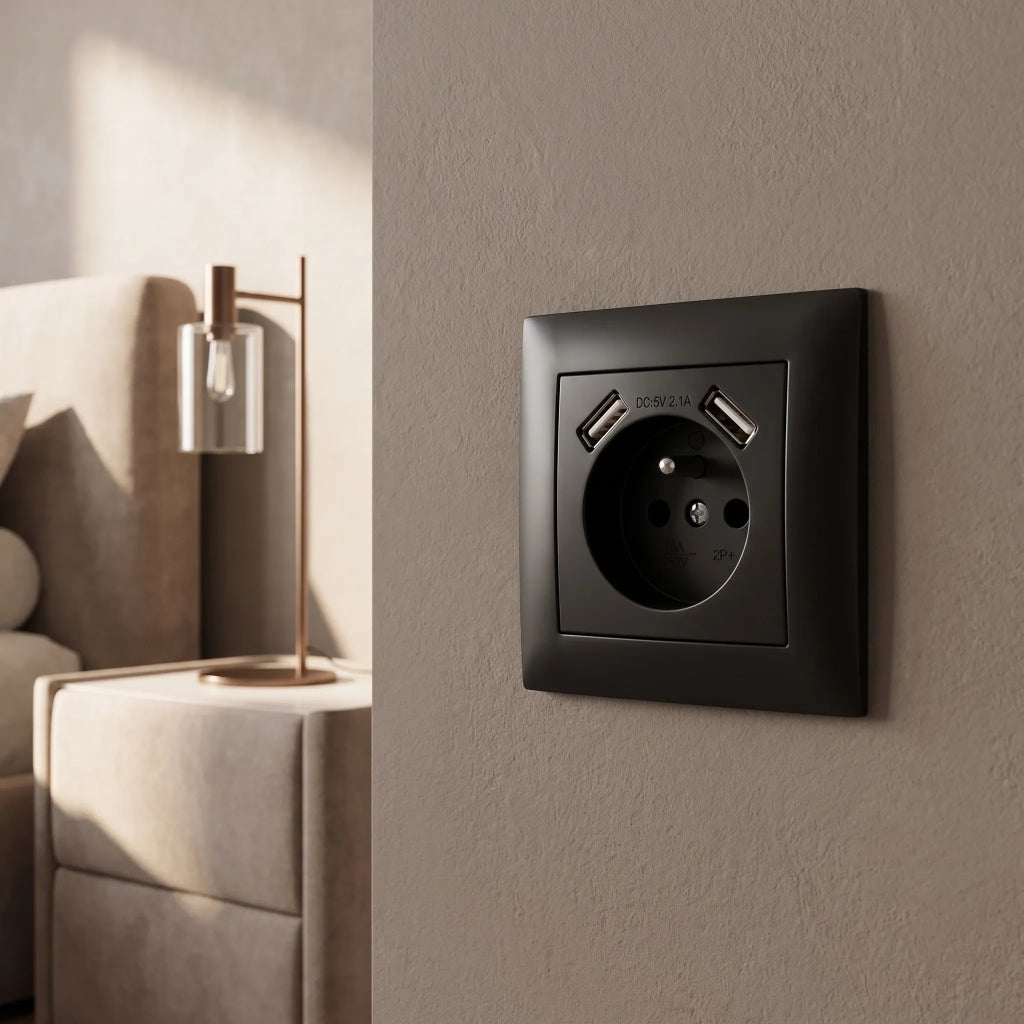 Presa Singola Con Messa A Terra + 2x Usb-a Oste Jnh003-g Black
