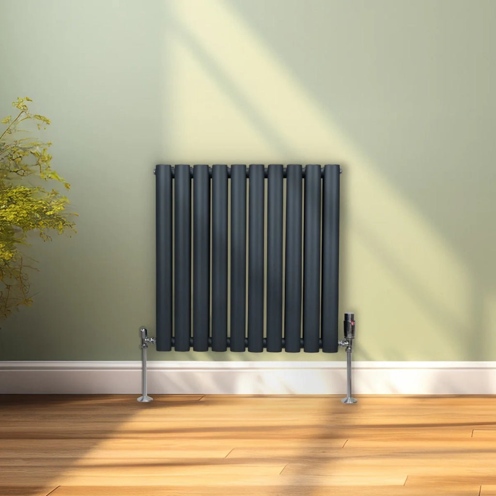 Radiatore a colonna ovale e valvole cromate TRV Designer grigio antracite 600 mm x 600 mm