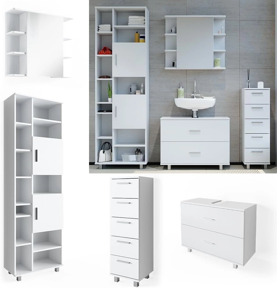 Set mobili bagno Ilias, Bianco, 80.2 cm, composto da mobile lavabo, pensile a specchio, colonna e base media