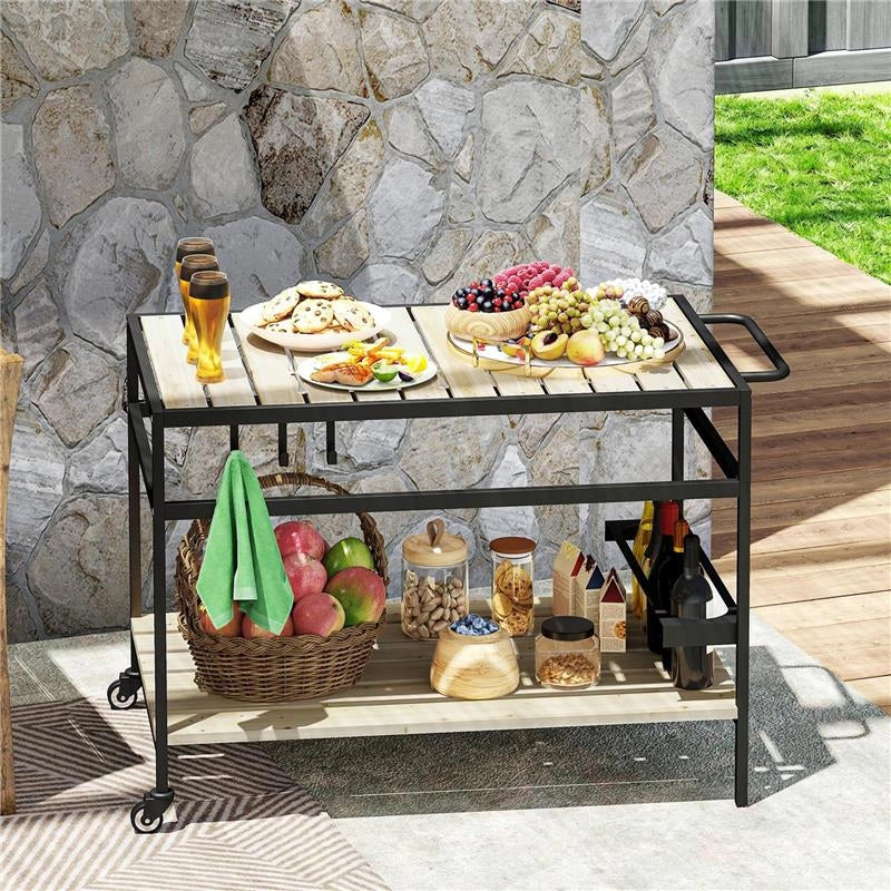 CARRELLO PORTAVIVANDE DA GIARDINO IN LEGNO A DOGHE E ACCIAIO, RIPIANO E MANIGLIA, 107X65X80 CM