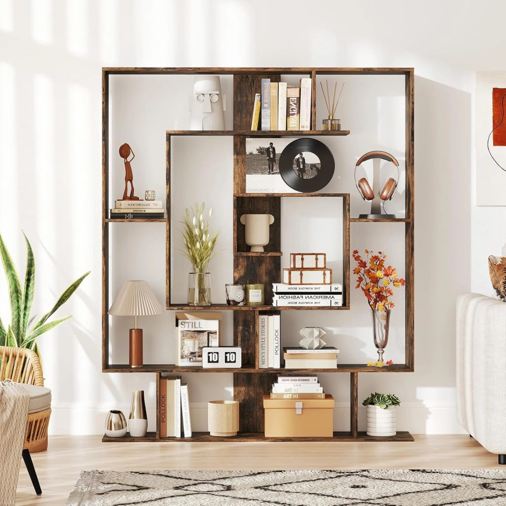 Libreria geometrica, scaffale espositivo, scaffale espandibile, scomparti aperti, protezione antiribaltamento, per soggiorno, camera da letto, studio (marrone)