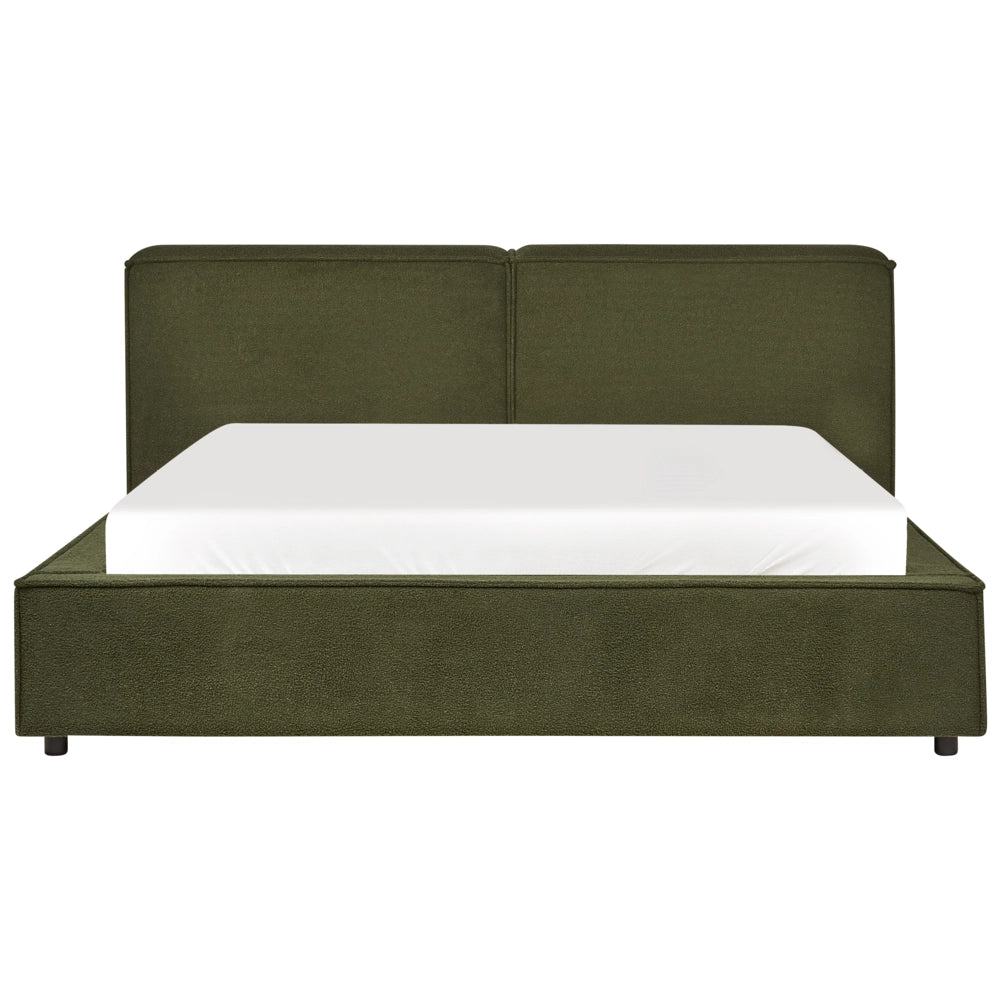 Letto King Size EU con rivestimento in bouclè verde e rete a doghe 160 x 200 cm con spessa testiera imbottita e pediera