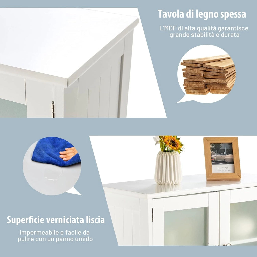 Armadietto del Bagno con 4 Ante, Armadietto con Ante di Vetro, Credenza di Legno con Mensole Regolabili, Organizer Multiuso per Casa Corridoio Salone Ufficio (Bianco)