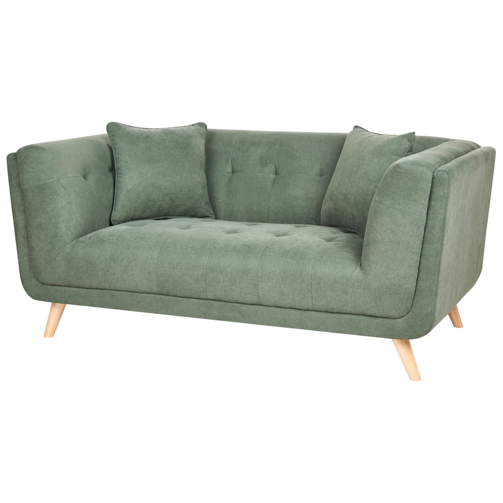 Divano a due posti in tessuto con poggiapiedi cuscini decorativi e gambe in legno trapuntatura decorativa stile retrò verde