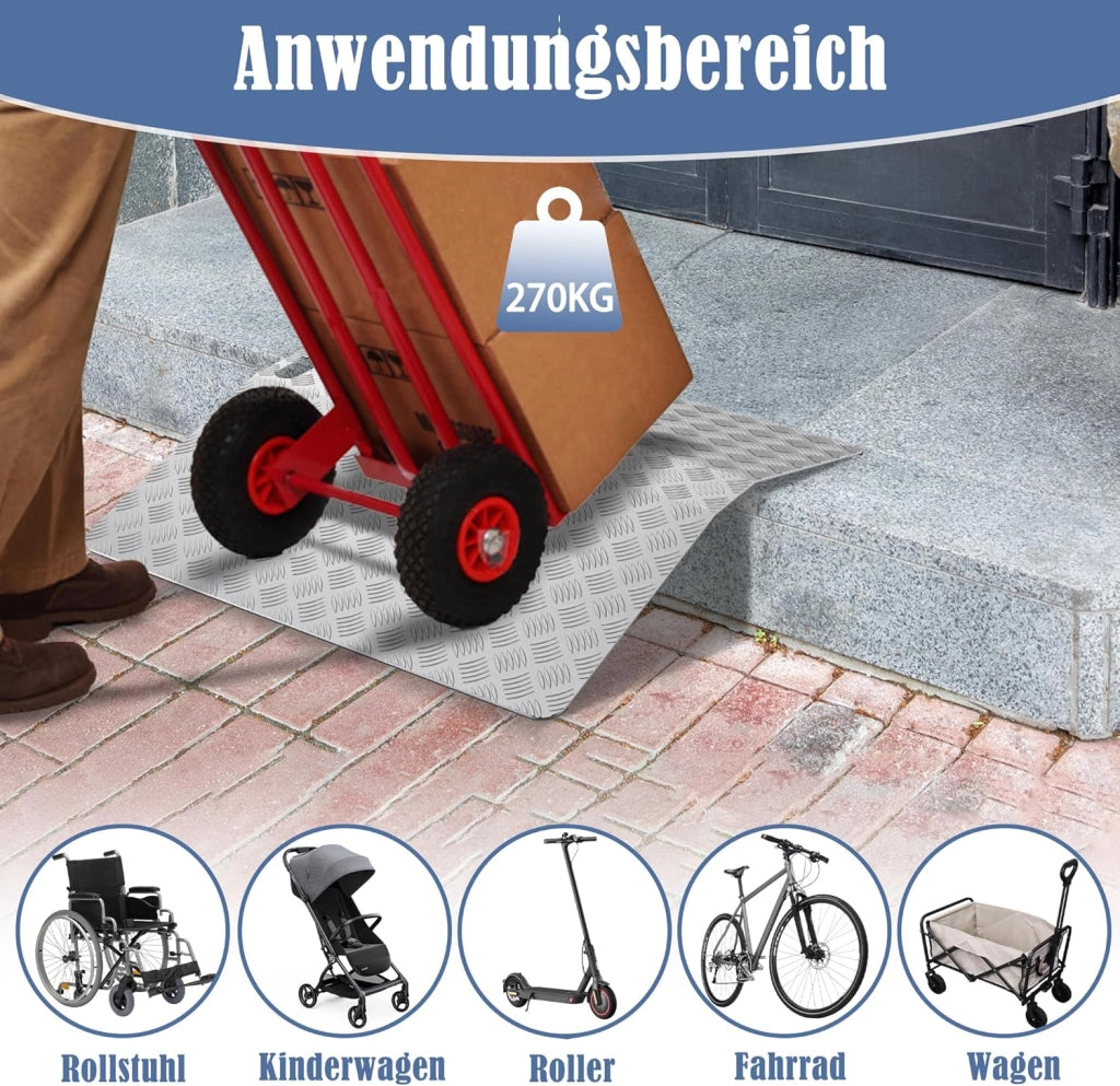 Rampa per sedia a rotelle, in alluminio, rampa per soglia a rotelle, capacità di carico 270 kg, rampa per soglia per porta, rampa per porta, altezza 10 cm, larghezza 100 cm