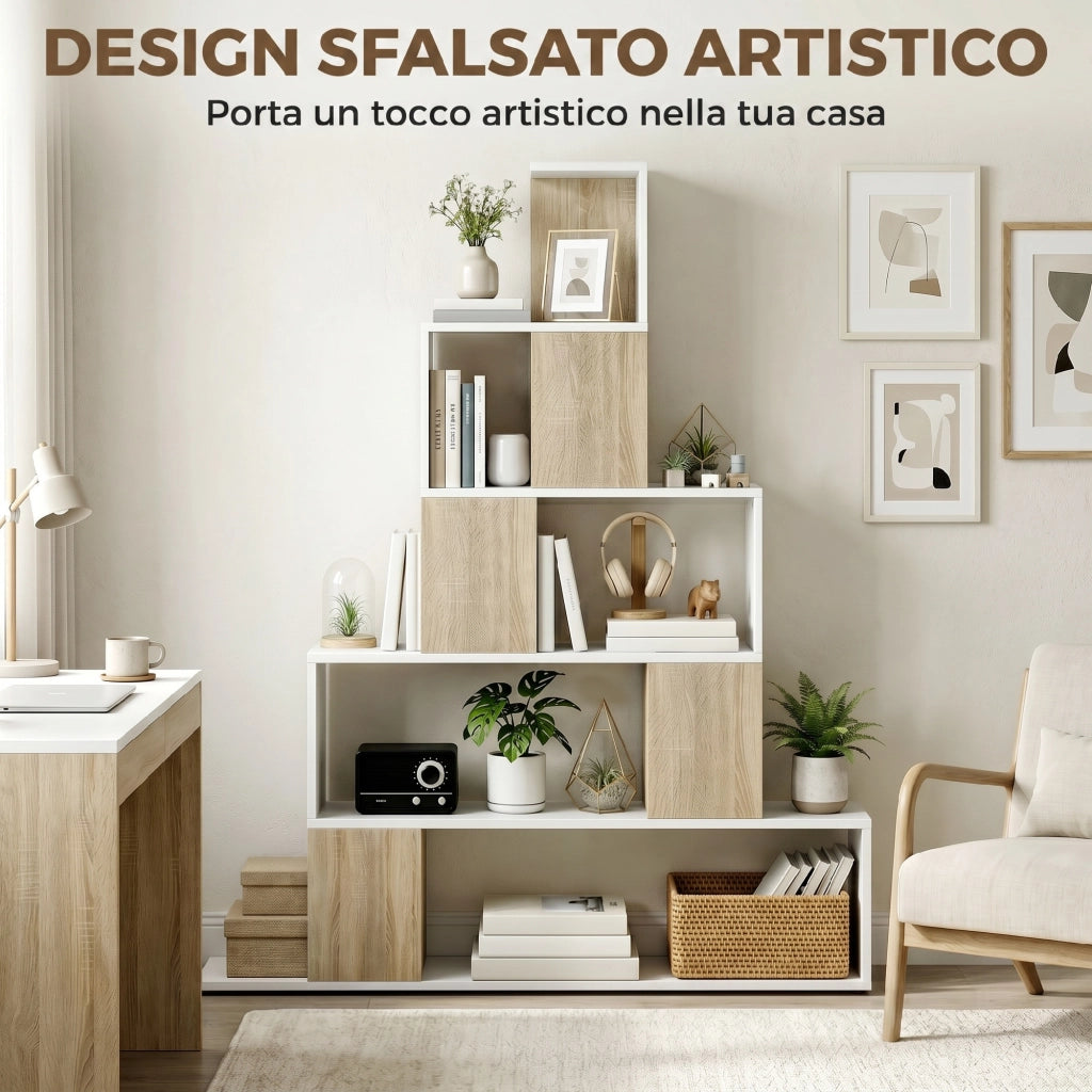Libreria Moderna a 5 Ripiani con Design a Gradini, 120x22x131.5 cm, Bianco e Legno