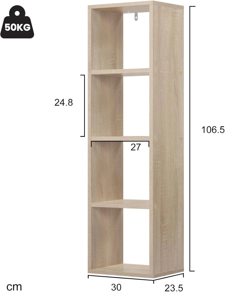 Libreria con 4 Livelli, Scaffale a Cubo in Piedi, Scaffale Aperto, per Soggiorno, Studio, Camera da Letto, Ufficio, 30x106,5x23,5 cm, Rovere Chiaro, SK051hei