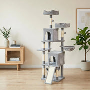 Torre gioco per gatti con 3 piattaforme, 2 nicchie, 2 cucce, 2 amache, 1 gradino, altezza totale 177 cm