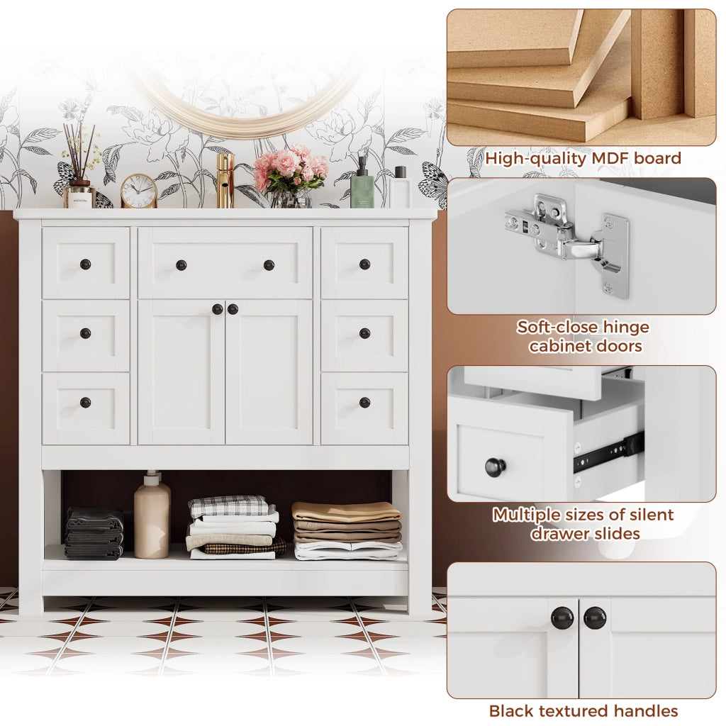 Mobile sottolavabo con lavabo in ceramica, 6 cassetti, 1 cassetto ribaltabile, ante e vani aperti, per bagno, bianco