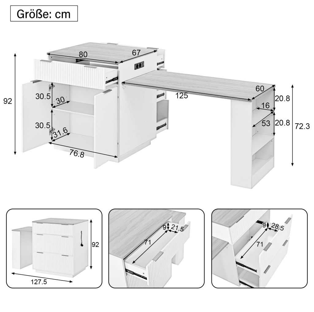 Isola cucina con tavolo estraibile, LED e prese USB, bianca