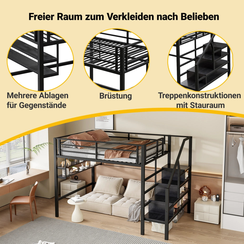 OKWISH Letto a Soppalco 140×200 cm, Letto Matrimoniale con Mensole, Scala con Contenitori e Sponda, senza Materasso, Metallo, Nero