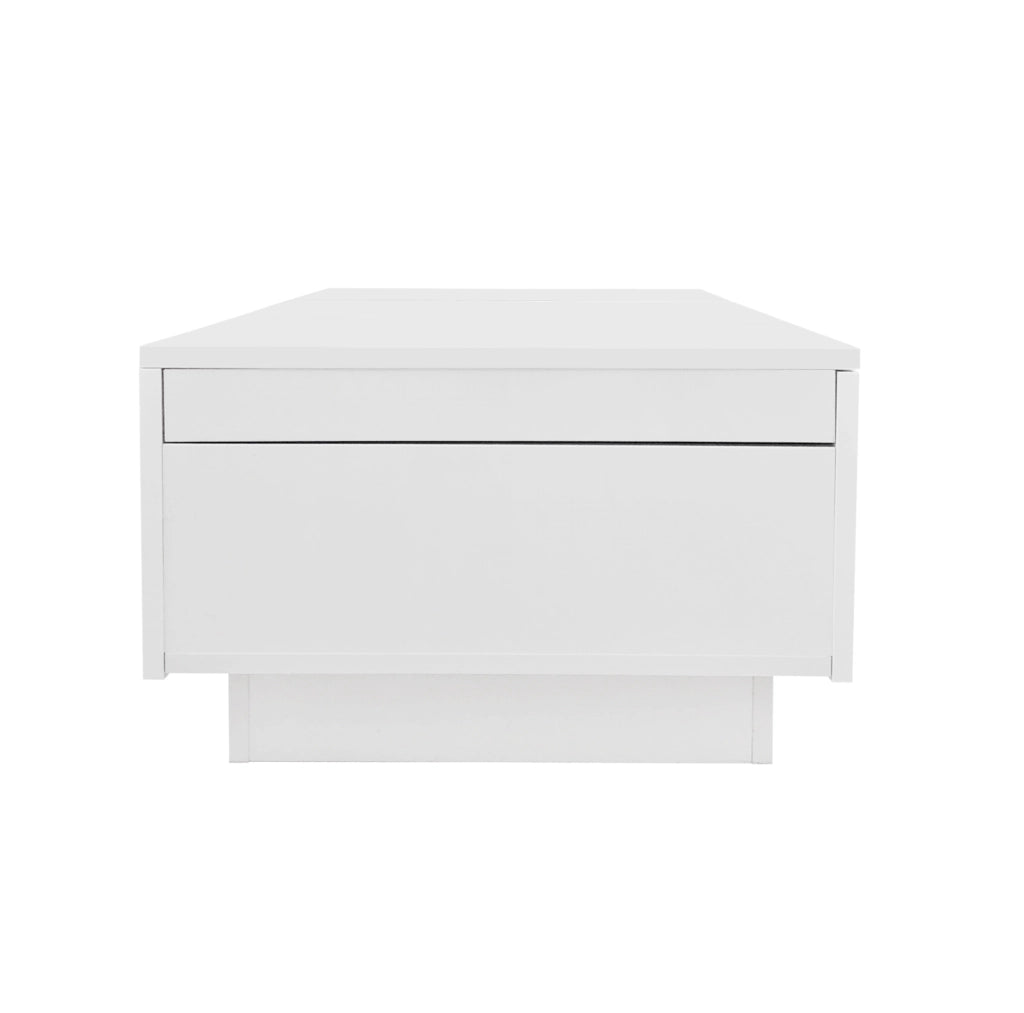 Tavolino da caffè bianco lucido 100x50x31 cm in truciolare con vani push-pull e 2 cassetti